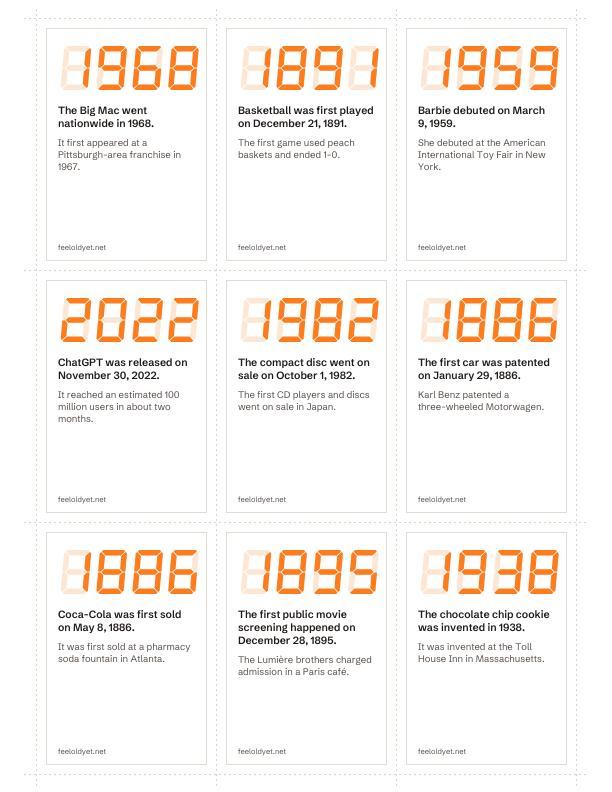 Card backs with the year and a fun fact